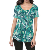 Mima Tropical Floral Flowy Teal Green Scoop Neck - Pleated Tunic Top - Retro Chic - Blissfully Brand